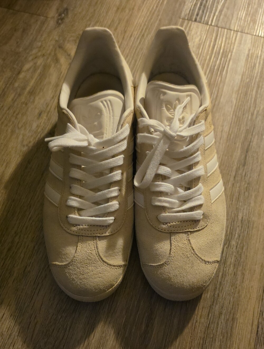 adidas Women’s Cream Suede Sneakers with White Stripes and Laces